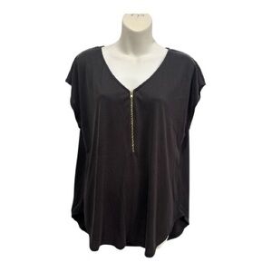 Green Envelope Black V-Neck Short Sleeve Top with Gold Zip size large